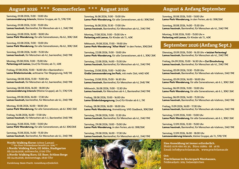 Termine Sommer 2026 - RÜCKSEITE vom neuen Prachtlamas-Flyer, Lamawanderungen in Gelsenkirchen